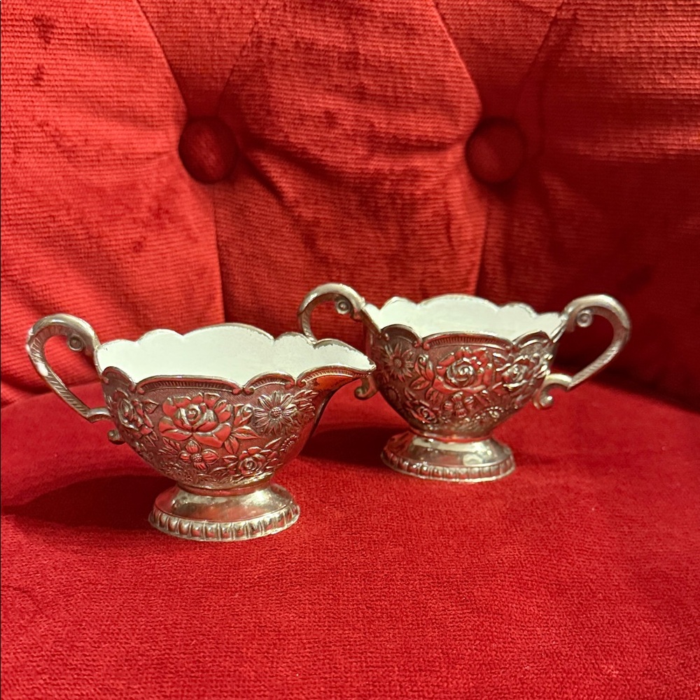 Silver Plated Creamer and Sugar Bowl Tray White Enamel Interior Roses Japan